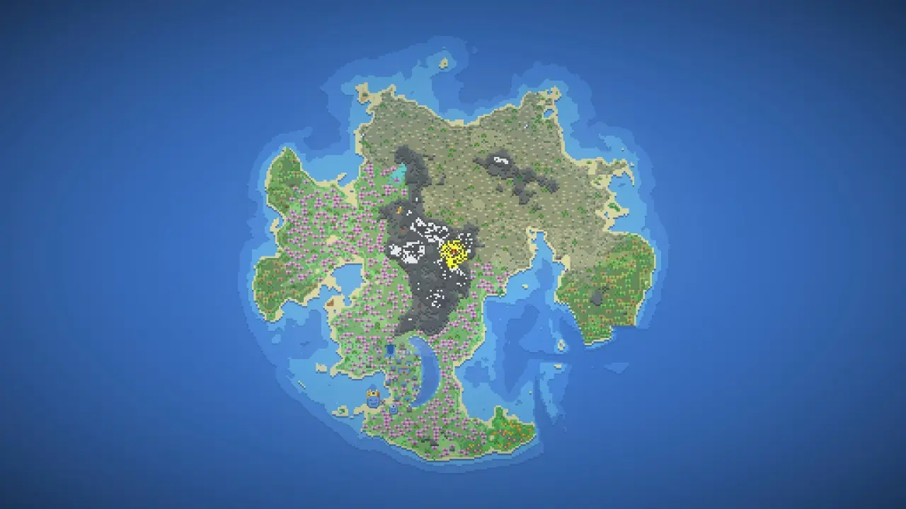 A whole WorldBox map seen from above: an island of green land and pink blossom woods round a bay, in a blue sea.