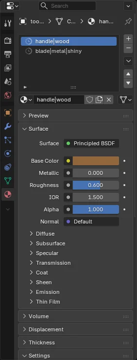 Blender's Material Properties listing two materials named handle|wood and blade|metal|shiny.