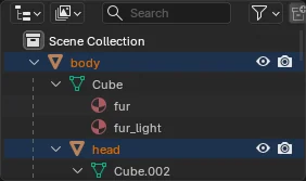 Blender's outliner: body, with head and the other parts nested under it.