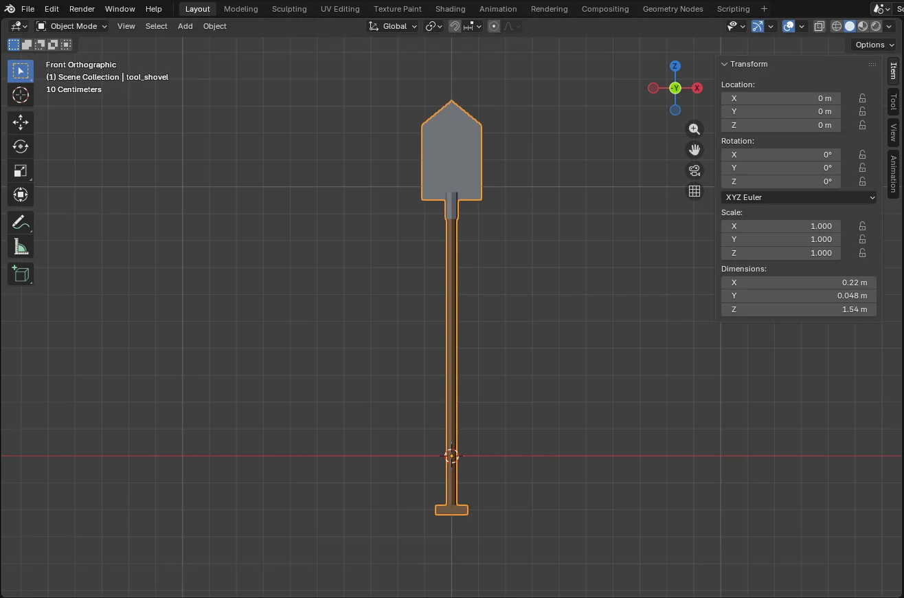 Blender, front view: the shovel standing on the Z axis, its origin at the grip, the sidebar showing dimensions 0.22 by 0.048 by 1.54 meters.
