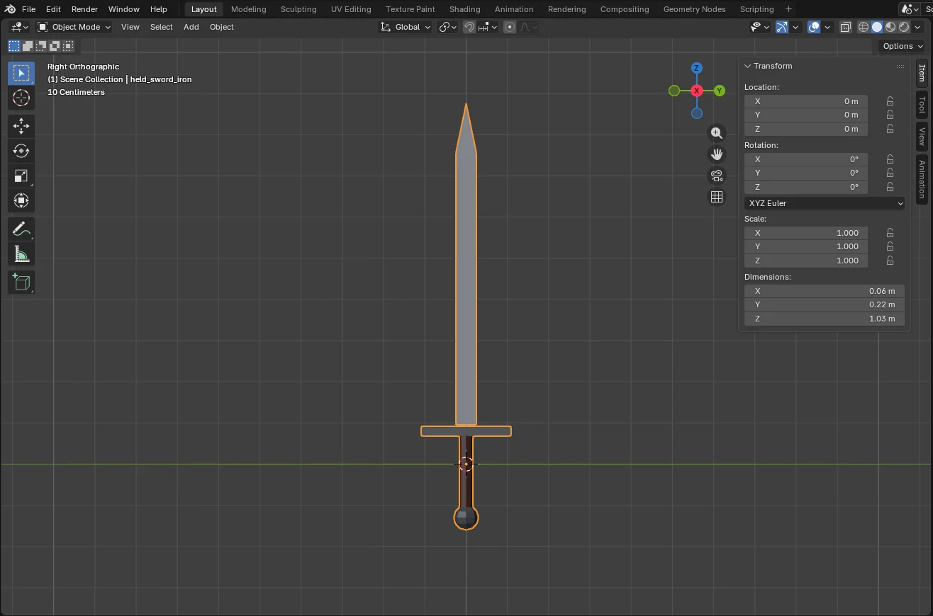 Blender, right view: the sword upright, its guard running left and right along Y, the sidebar showing 0.06 by 0.22 by 1.03 meters, three materials listed.