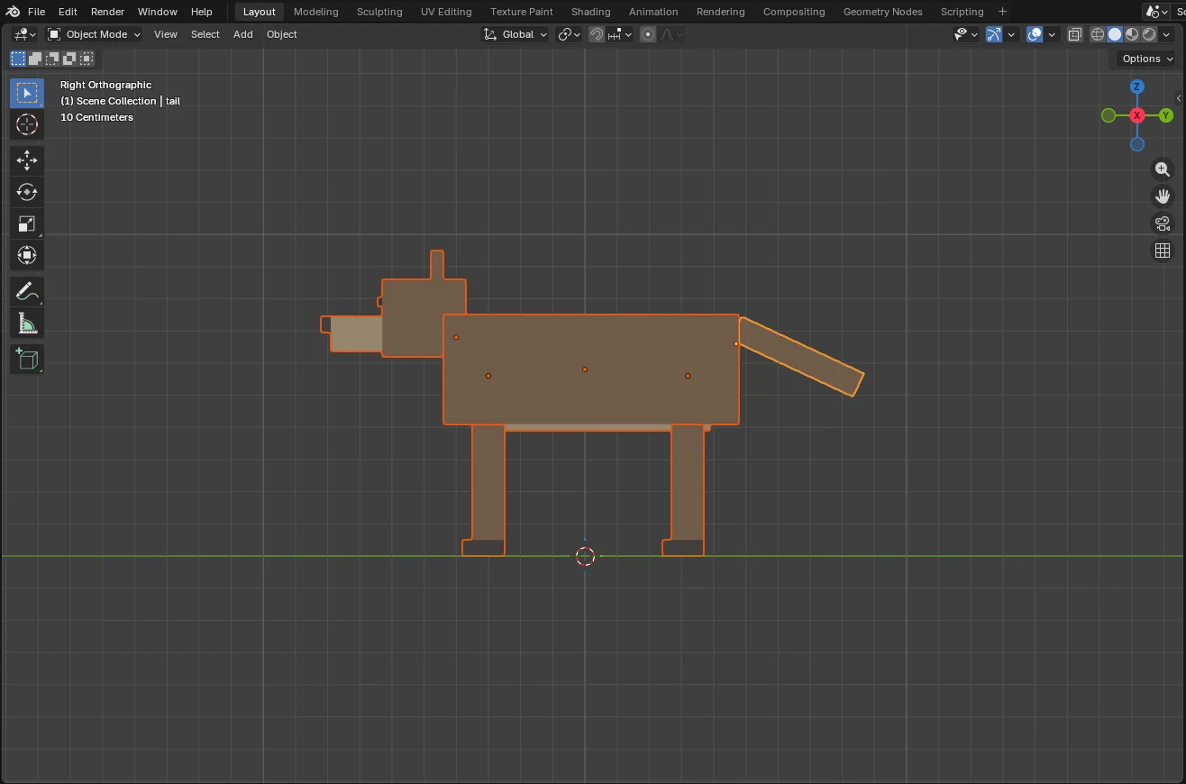 Blender, right view: a wolf made of boxes facing left toward minus Y, orange dots marking each part's origin at the hips, shoulders, neck and tail base.