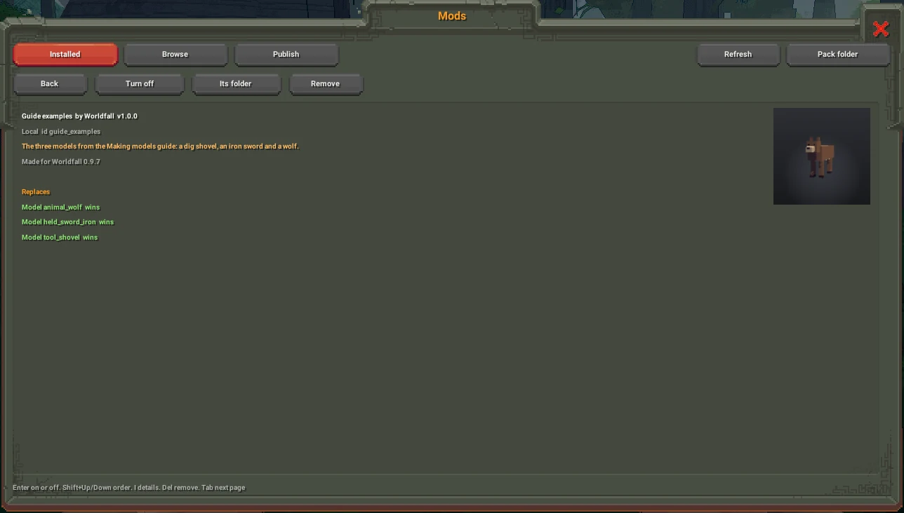 A pack's details: its title, id and description, then a Replaces list with animal_wolf, held_sword_iron and tool_shovel each marked wins.