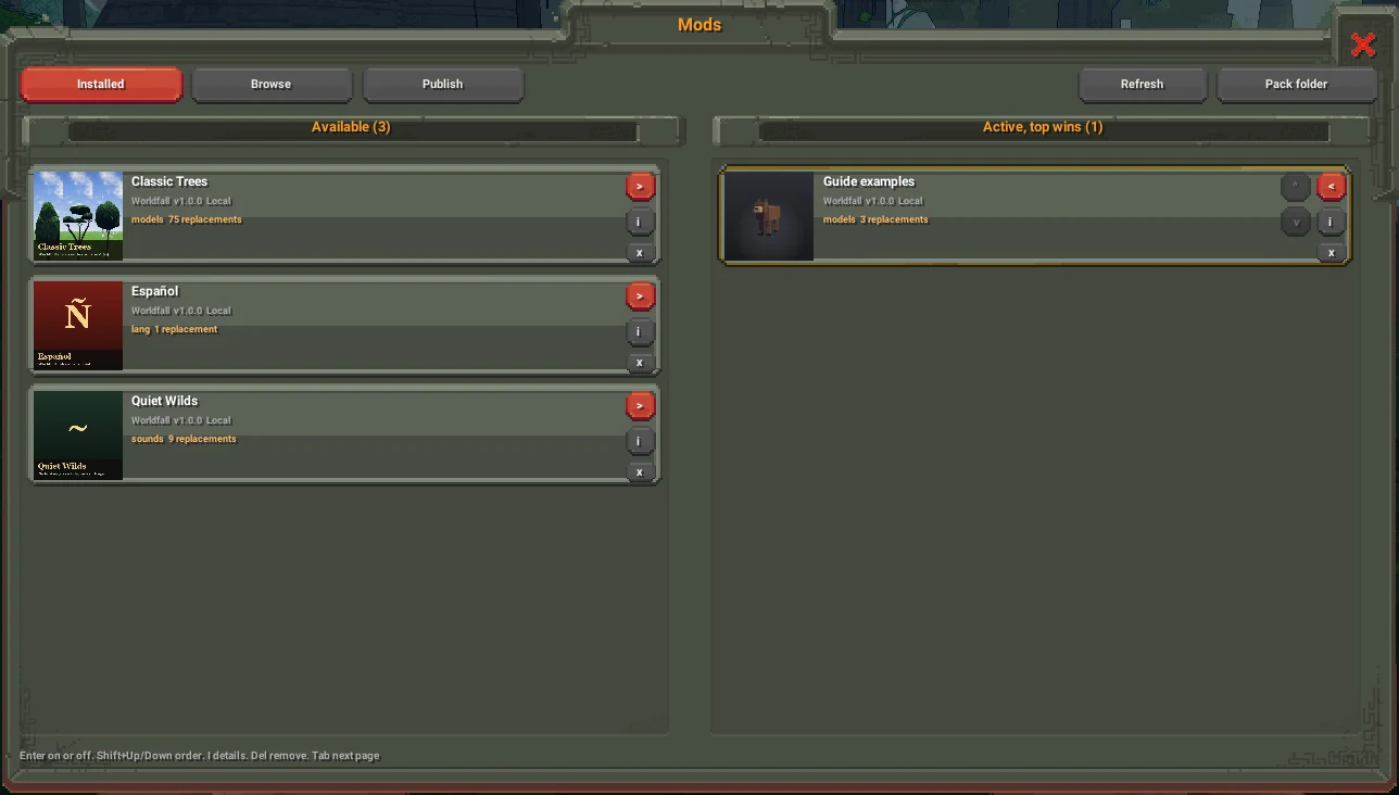 The Mods window: shipped packs under Available on the left, Guide examples under Active on the right with 3 replacements.