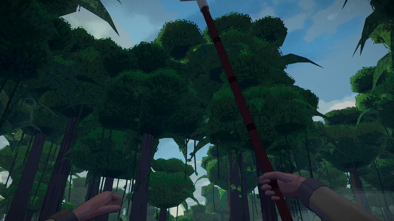 First person looking up, the right hand holding the shovel made in this walkthrough.