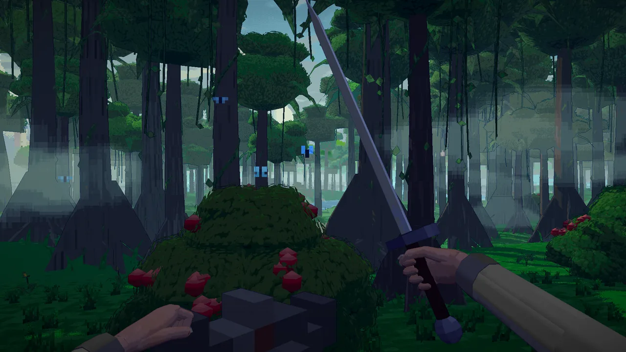 First person in a forest, the right hand holding a plain iron sword made in Blender for this guide.