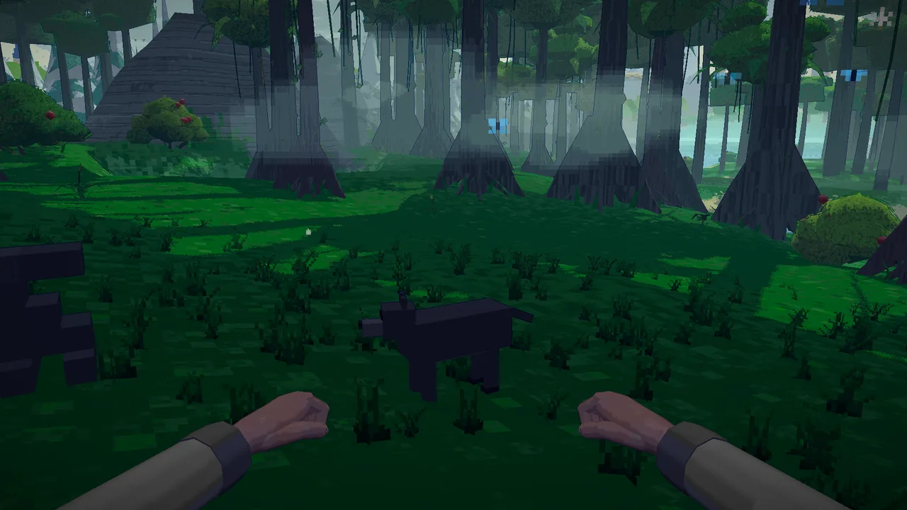 First person in a forest clearing, a blocky wolf made of boxes standing a few steps ahead, colored in the game's dark wolf fur.