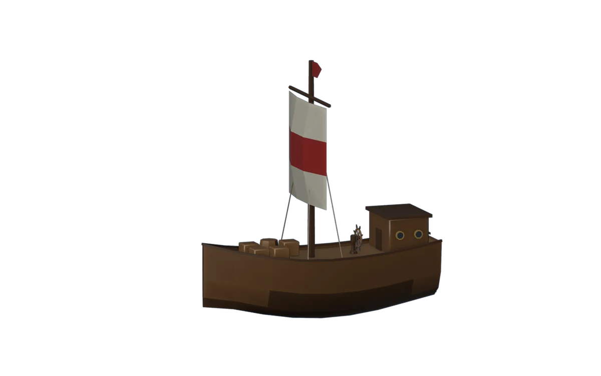 A cog from the side, the bow toward minus Y, the origin at the waterline.