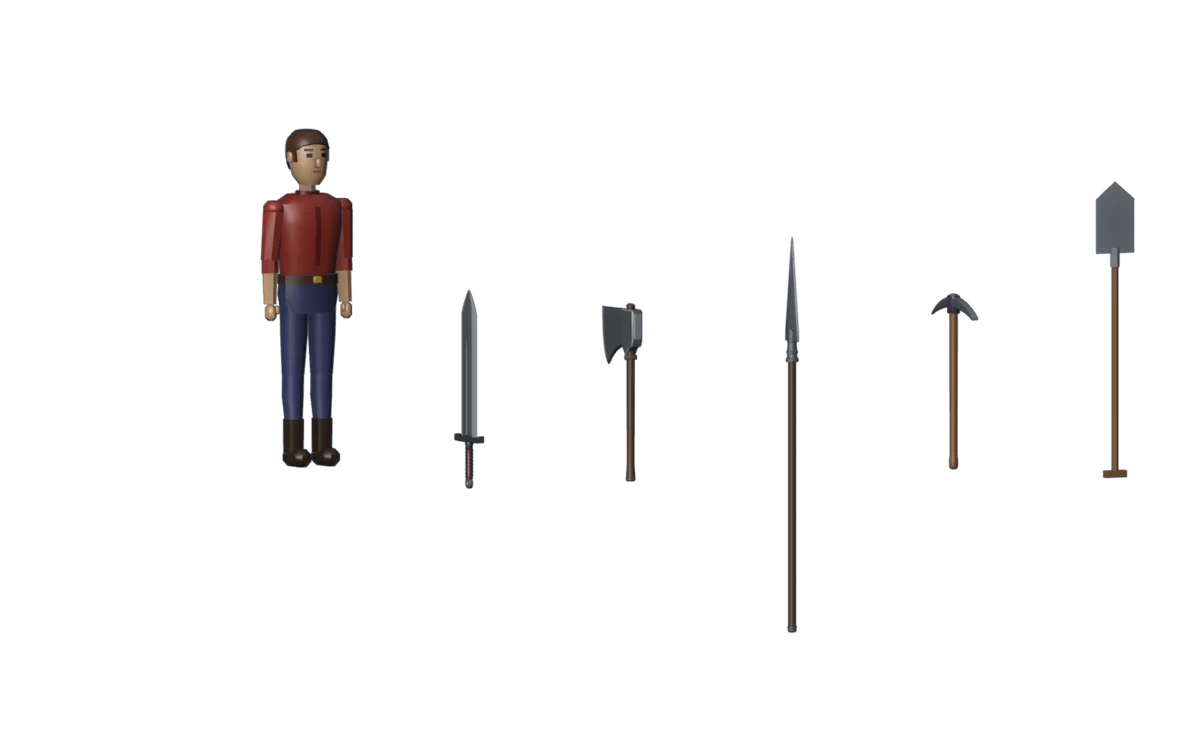 A body 1.75 m tall beside a sword, an axe, a spear, a pickaxe and a shovel, each standing on its grip.