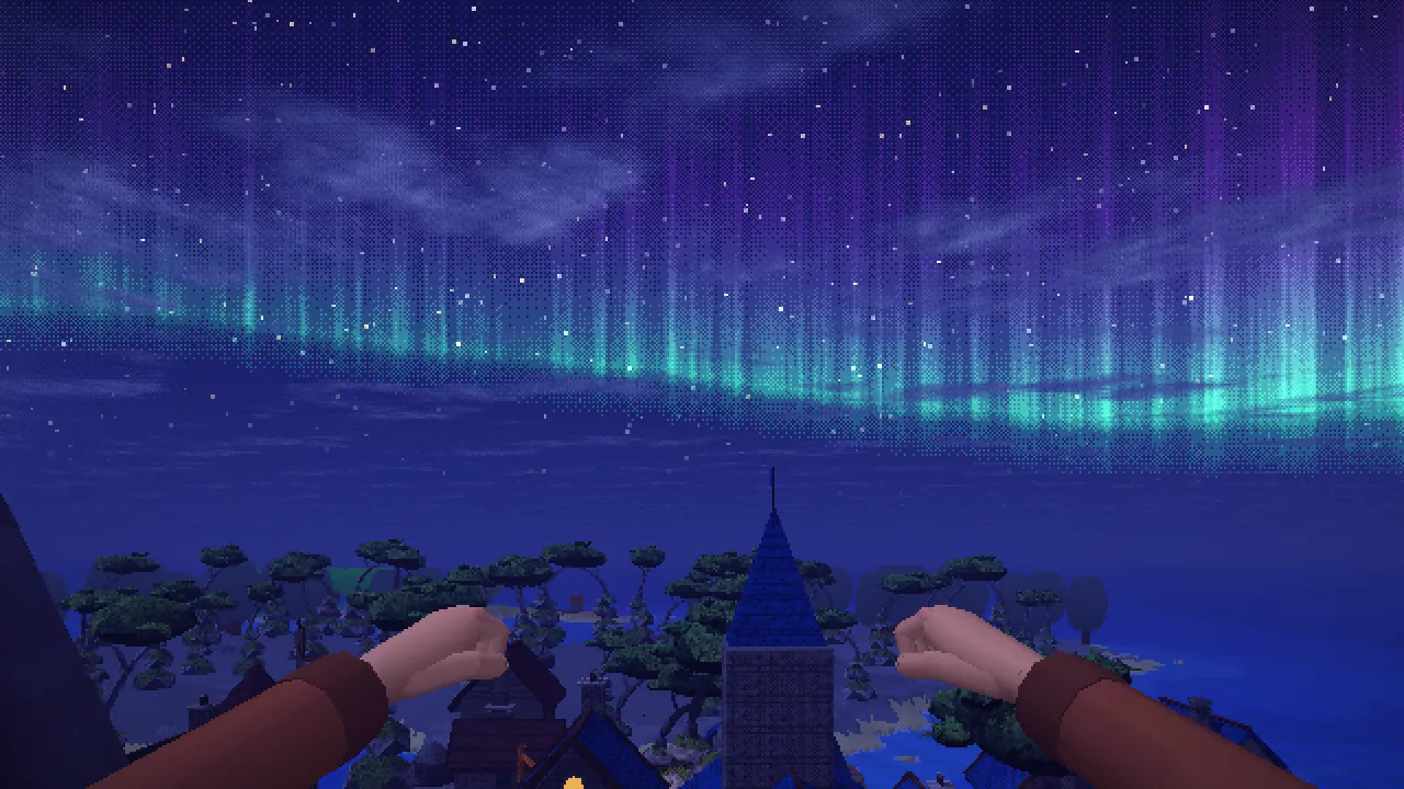Green and violet northern lights over the sea above the town's spire.