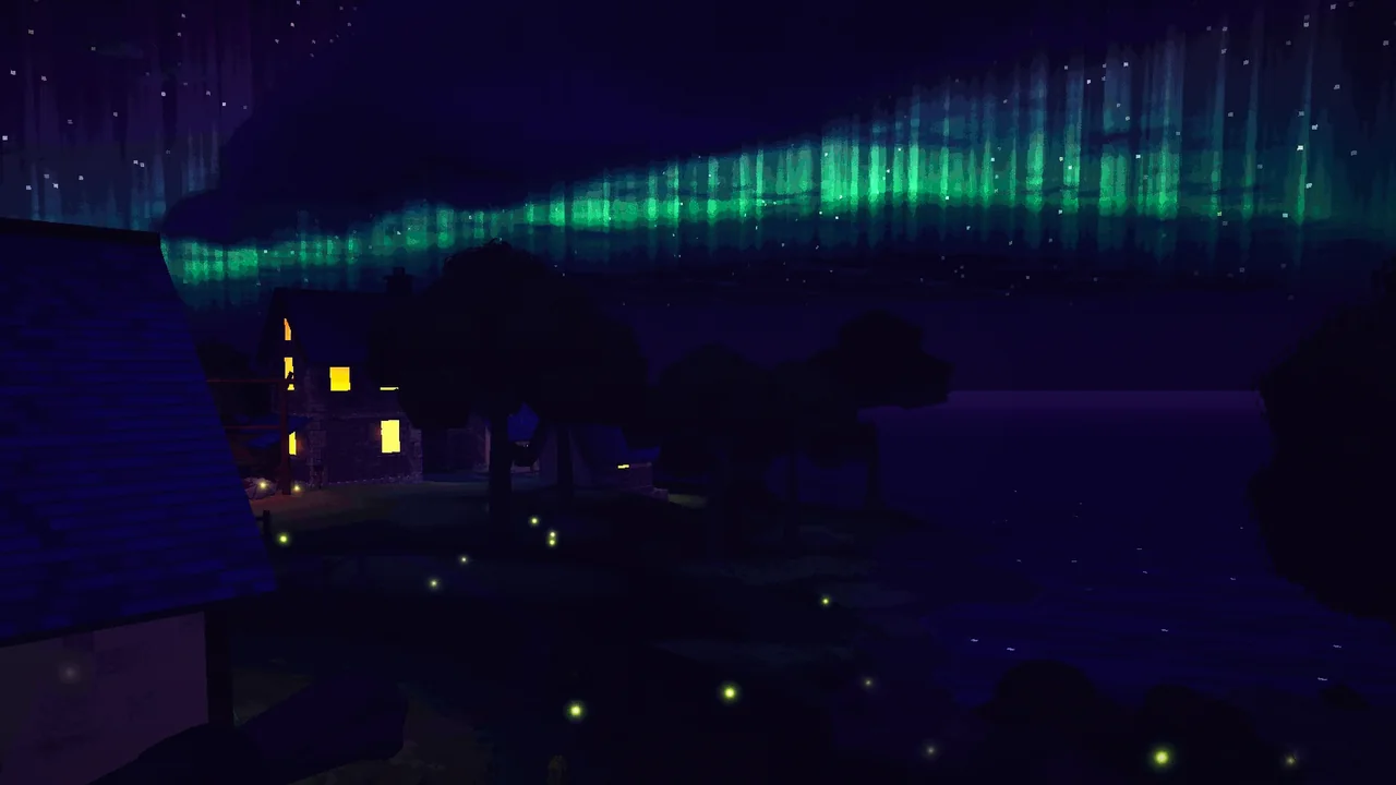 Green northern lights over a seaside village at night, lit windows and fireflies below.
