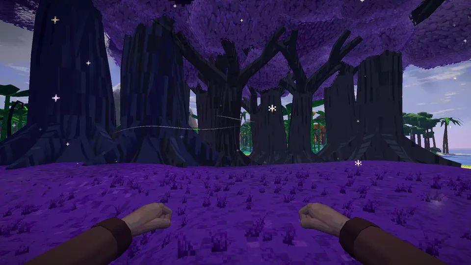 Huge dark celestial trees under violet crowns.