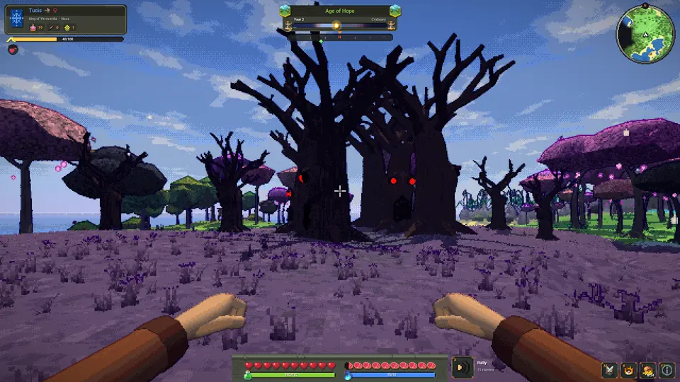 Dead trees with glowing red eyes on purple ground.
