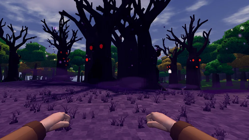 Dead trees with glowing red eyes on purple ground.