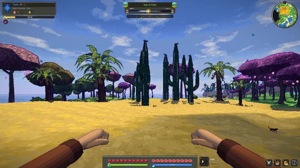 Palms and cacti on sand.