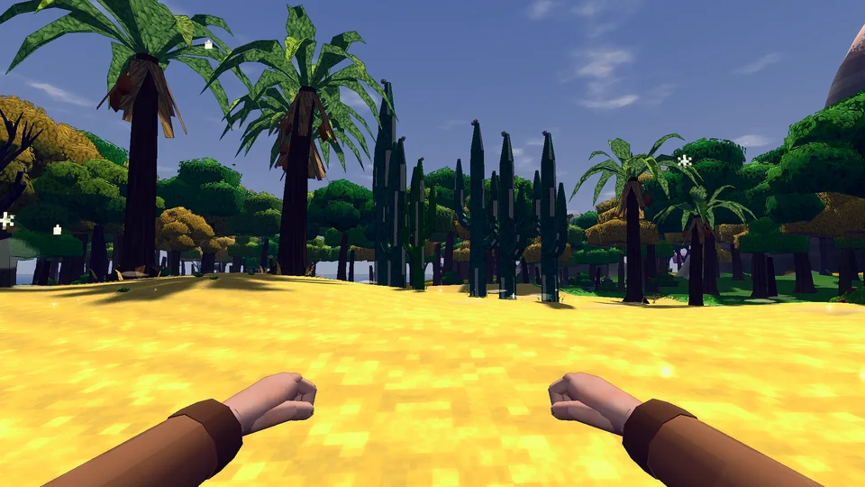 Palms and cacti on sand.