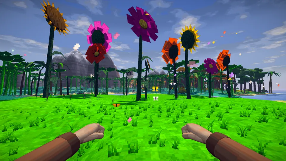 Giant sunflowers and blooms on bright grass.