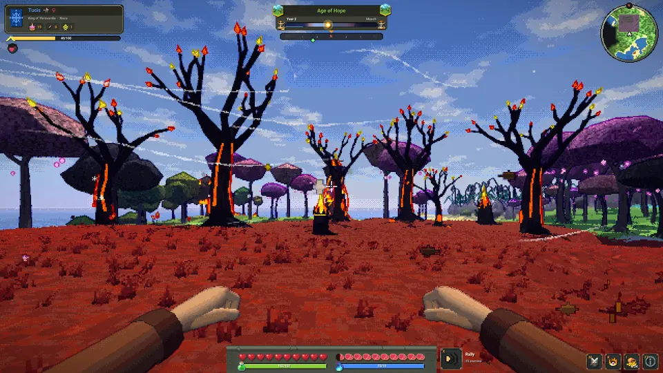 Burning black trees on red ground.