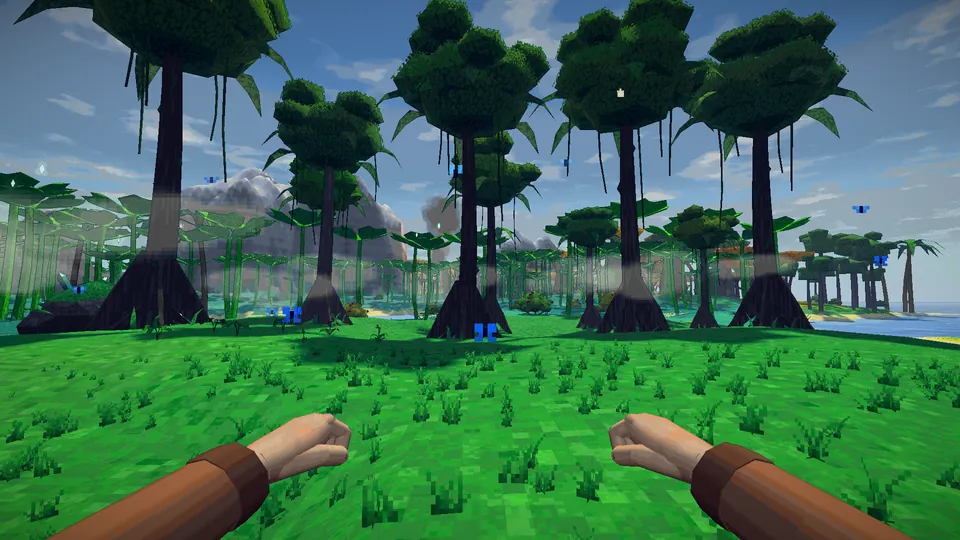 Tall jungle trees hung with vines.