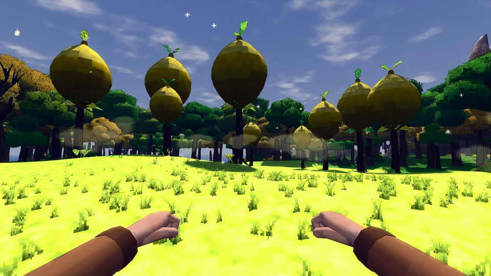 Round lemon trees on yellow-green grass.