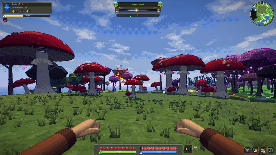 Giant red-capped mushrooms.