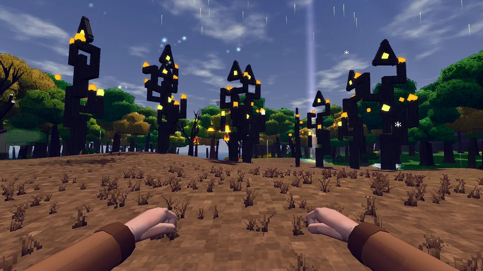 Jagged black trees lit with gold on brown ground.