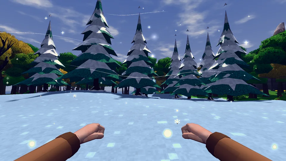 Snow-laden pines on frozen ground.