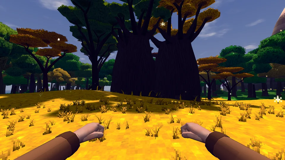 A baobab and flat-topped acacias on golden grass.