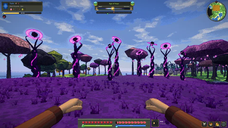 Twisted dark spires with pink rings on violet ground.