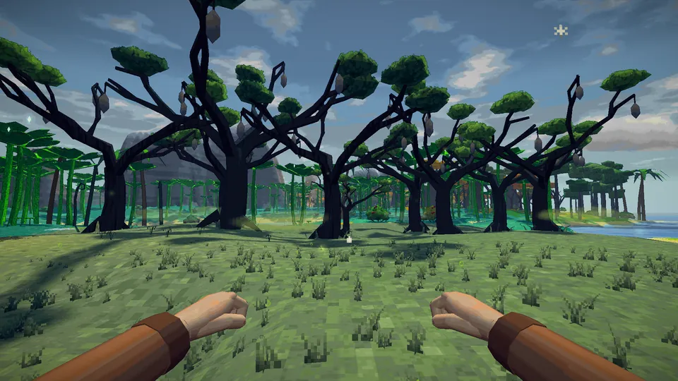 Gnarled dark trees on grey-green wasteland.