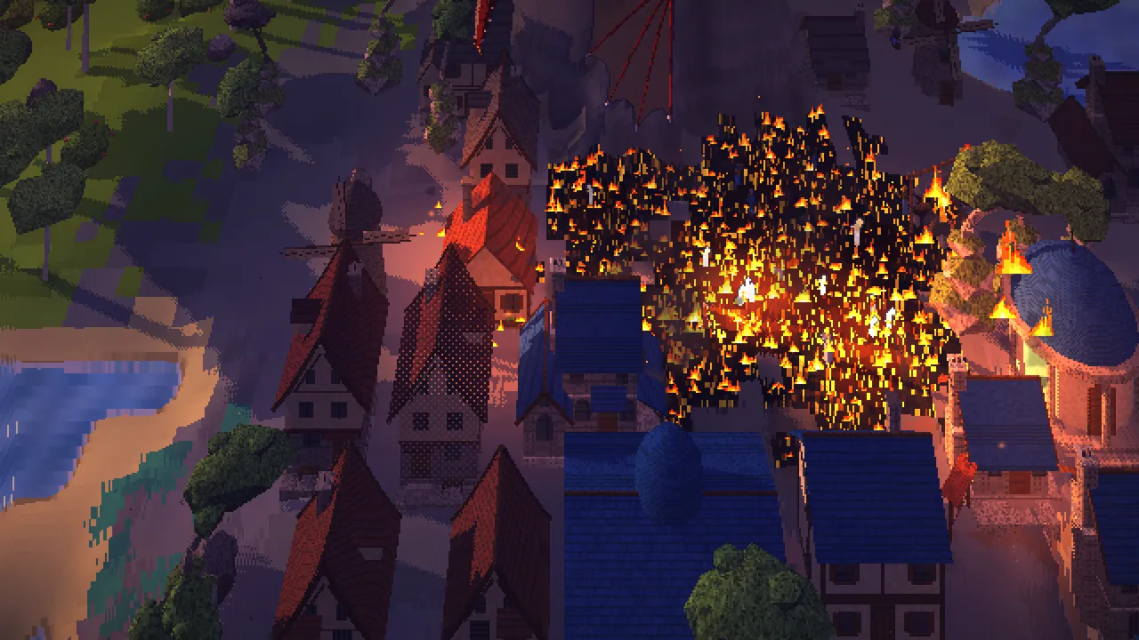 A town burning at dusk, seen from above in the 3D god view.