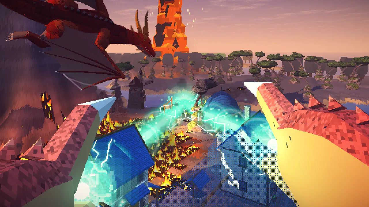 Crabzilla's red claws in view, firing cyan lasers into a burning town while a dragon flies overhead.