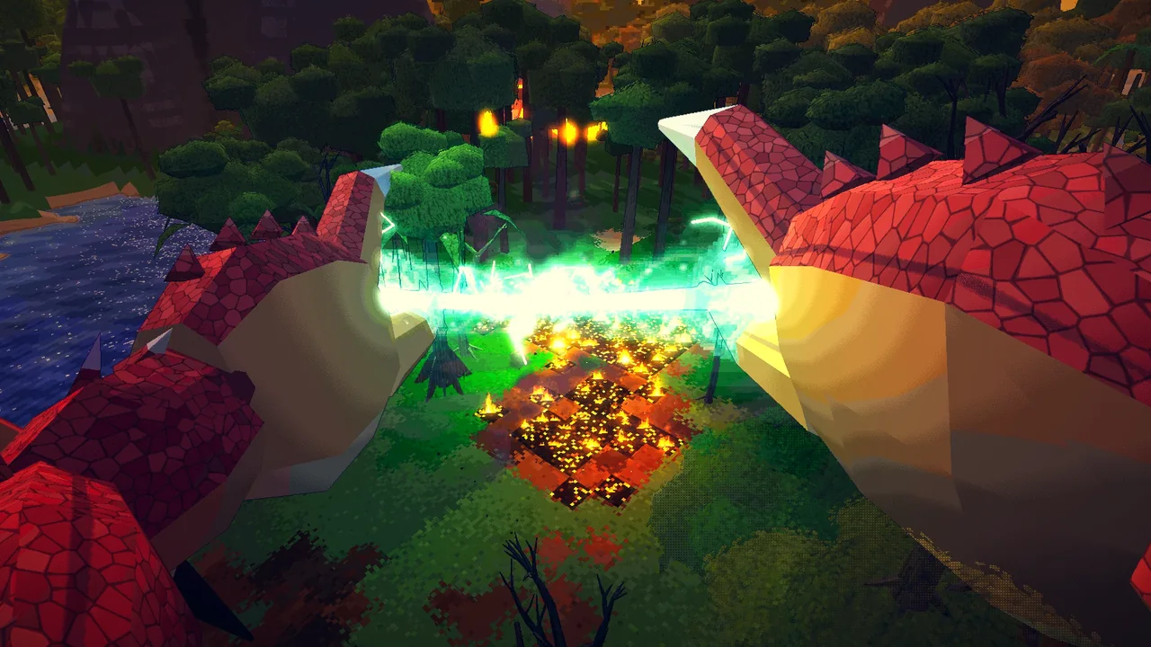 Crabzilla's red scaled claws in view, a green laser between them burning the forest floor at sunset.