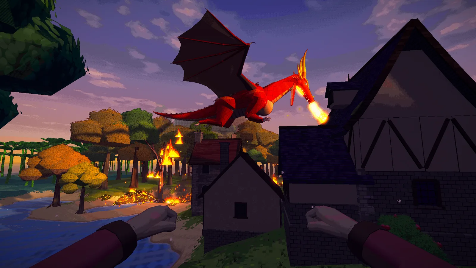 A red dragon breathing fire over a half-timbered house at dusk, trees burning beside a river behind it.