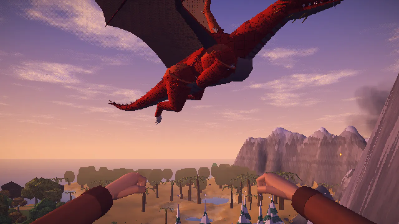 A dragon gliding over a coast and mountains in golden evening light.