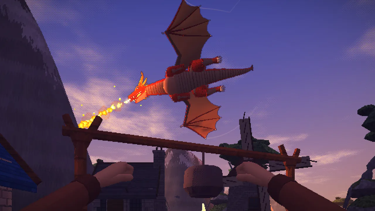 A red dragon breathing a stream of fire across a violet dusk sky, seen from beside a village well.