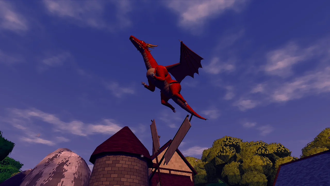 A red dragon climbing into a blue evening sky above a windmill and slate roofs.