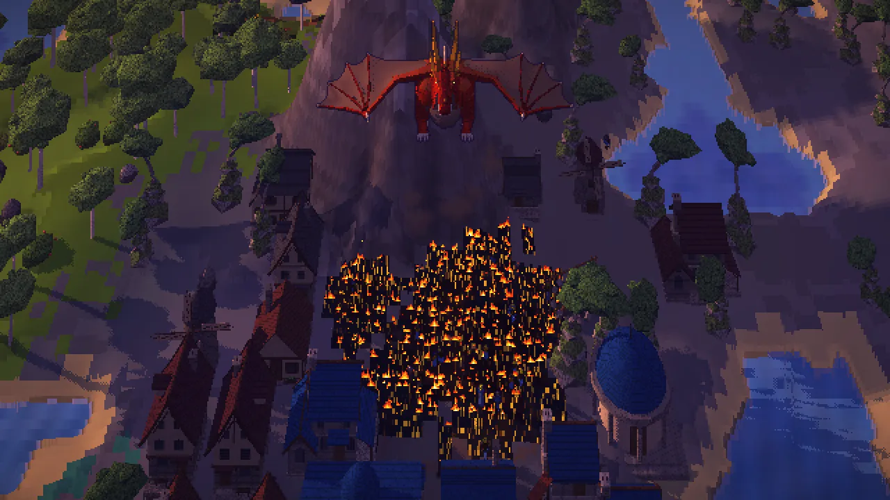 The 3D god view looking down on a town by the sea, a dragon above it and a district in flames.