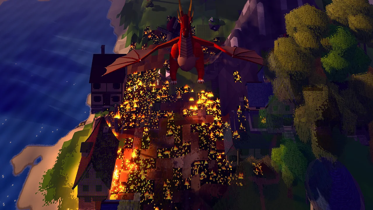 The 3D god view from above: a red dragon with wings spread over a town burning at dusk, the sea to the left.