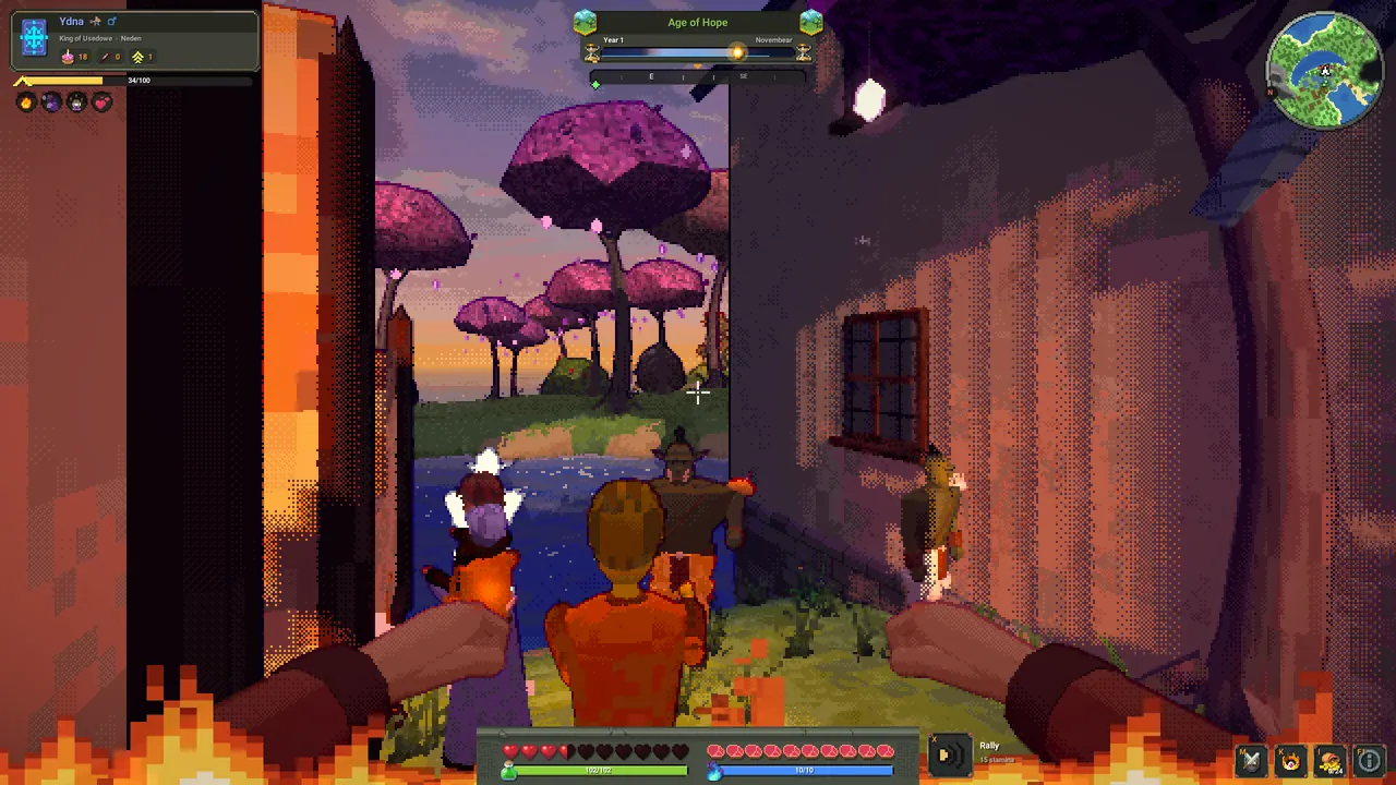 Villagers fighting orc raiders between houses at sunset, flames at the edges.