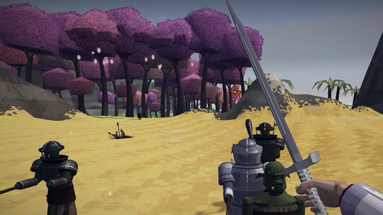 Fighting in the front line on open sand: a sword in your hand, an armoured knight beside you, enemies ahead.