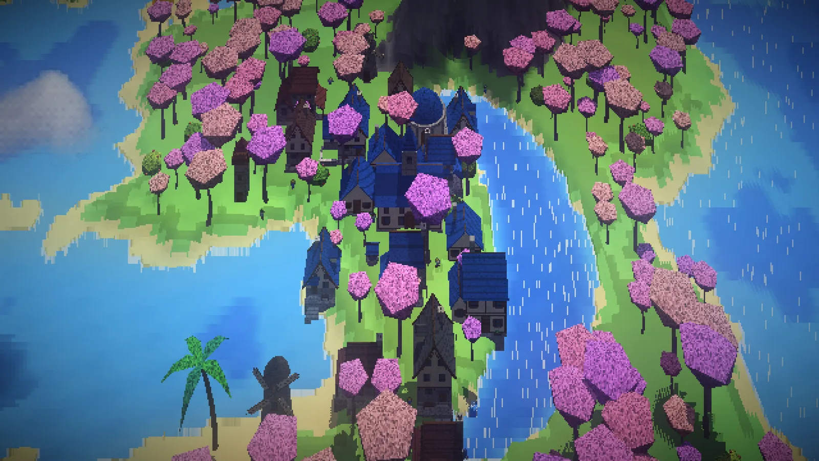 The village in the 3D god view: timber houses with teal roofs among green and autumn trees by the sea.