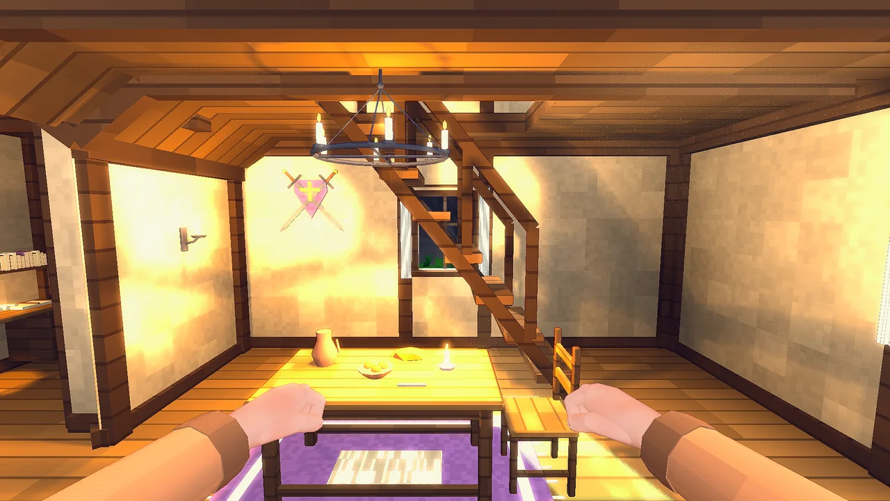 Inside a timber house by day: a table with a jug and candle under an iron chandelier, a stair up and sunlight on the walls.