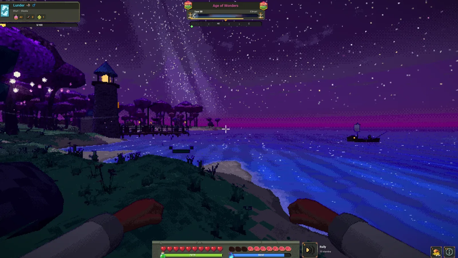A lighthouse with a lit lamp by a pier at night, the Milky Way above a violet sea.