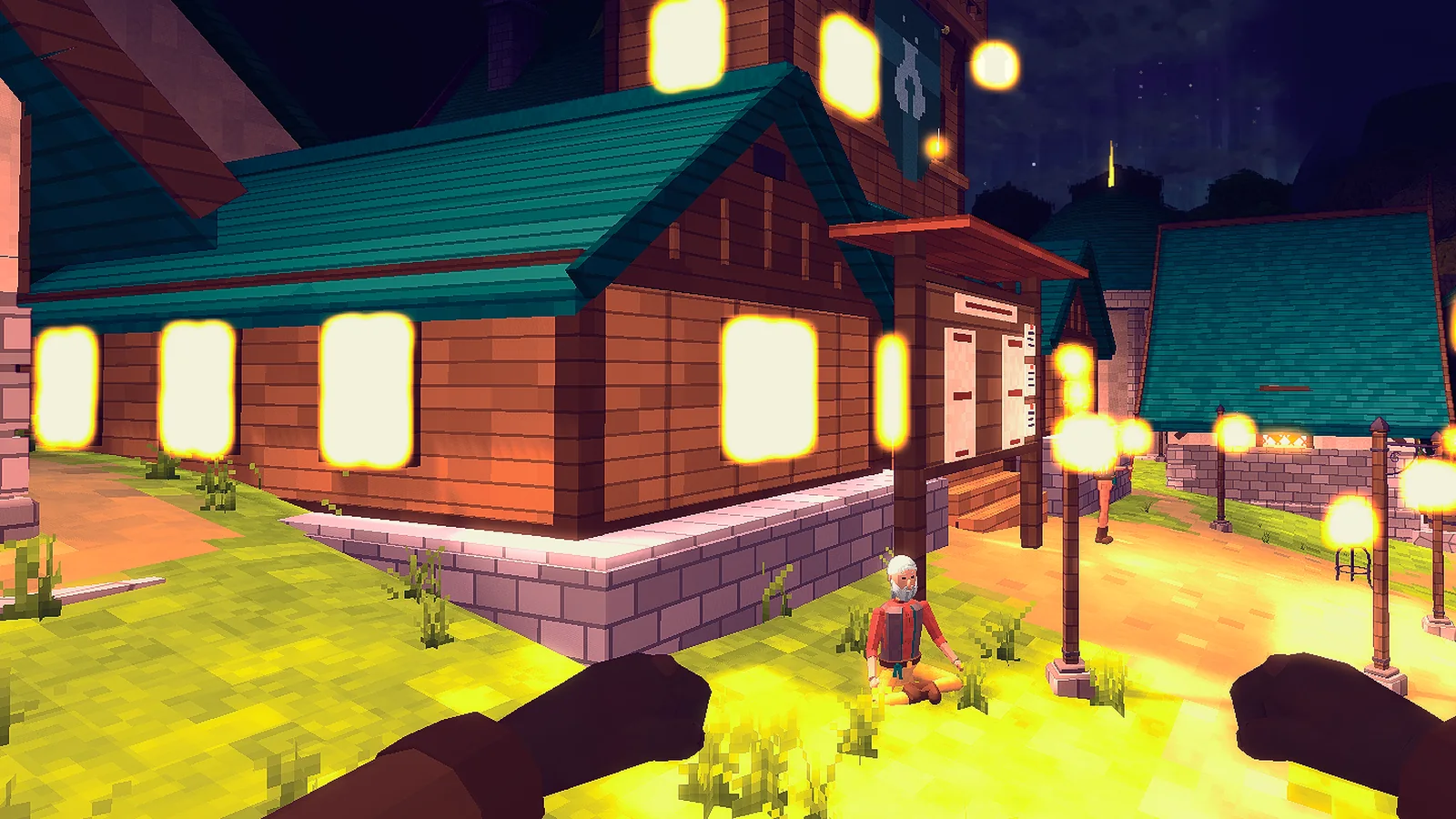 First person on a village street at night: a timber hall with glowing windows, lamp posts lighting the path, an old man sitting on the grass.