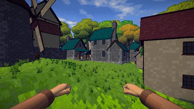 The same village street by day, drawn at Low quality, 640 by 360.
