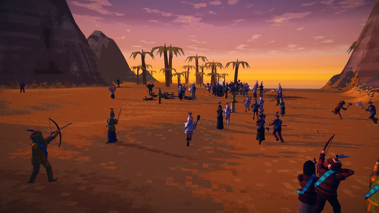 Two armies charging across a sandy plain at sunset, palm trees and mountains behind.