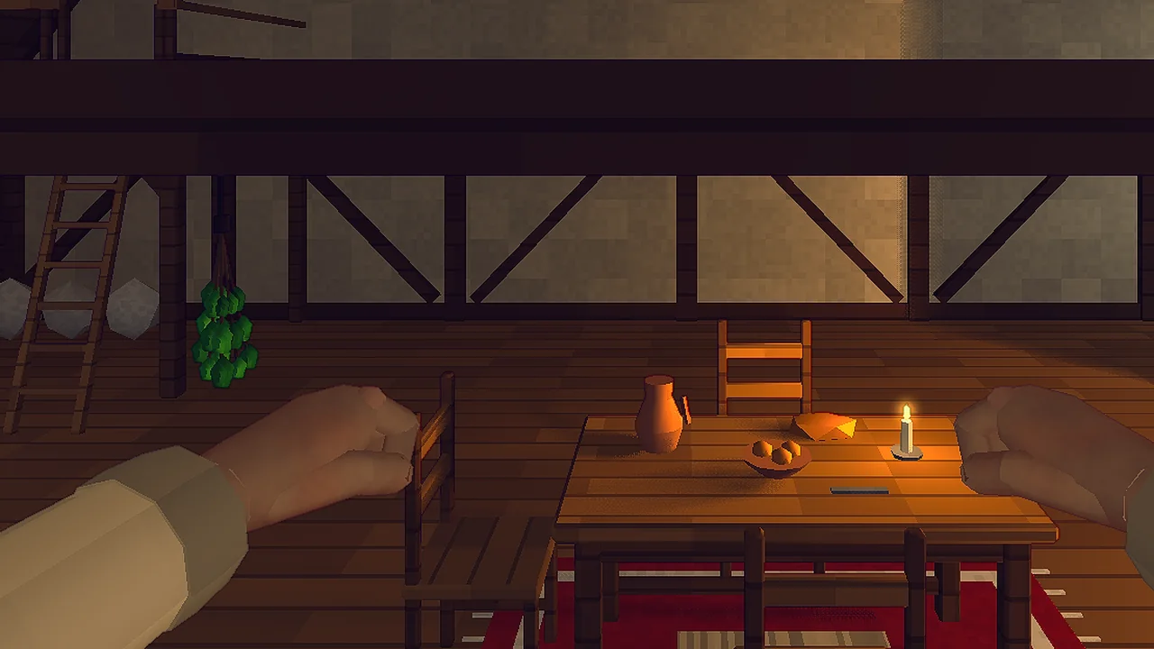 Inside a timber attic: a table with a lit candle, a rug, a ladder and a wardrobe.