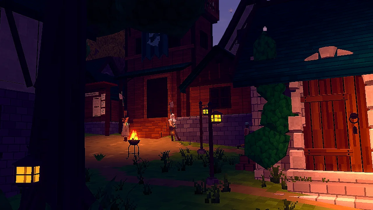 A lamp post at dusk at the edge of a village street, a lit house and a brazier behind it.