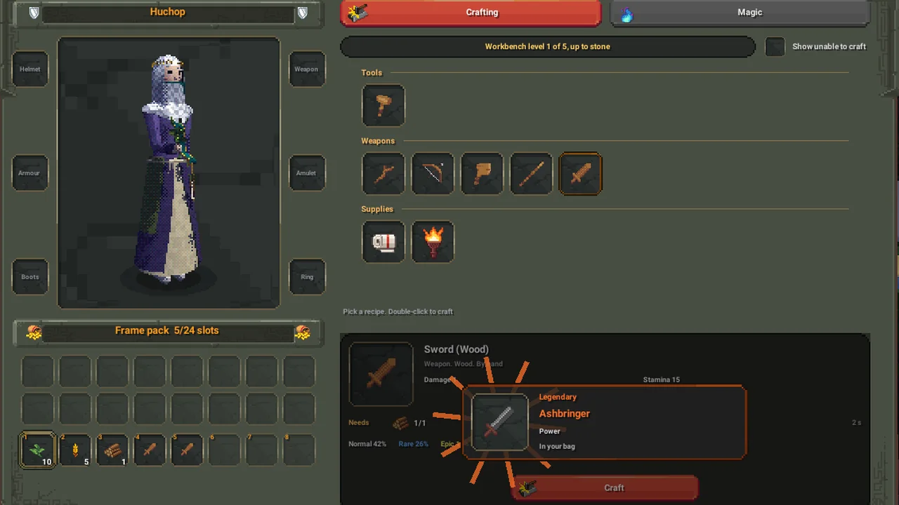 The crafting window: weapon recipes, and a legendary sword named Ashbringer just forged.